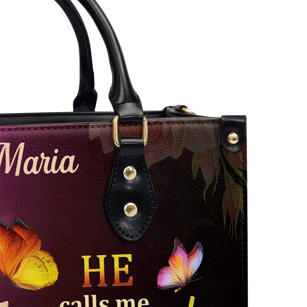 Personalized Christian Leather Bag, Solomon 210 Flower And Butterfly He Calls Me Beautiful One Leather Handbag, Faith Handbag