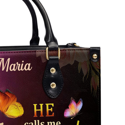 Personalized Christian Leather Bag, Solomon 210 Flower And Butterfly He Calls Me Beautiful One Leather Handbag, Faith Handbag