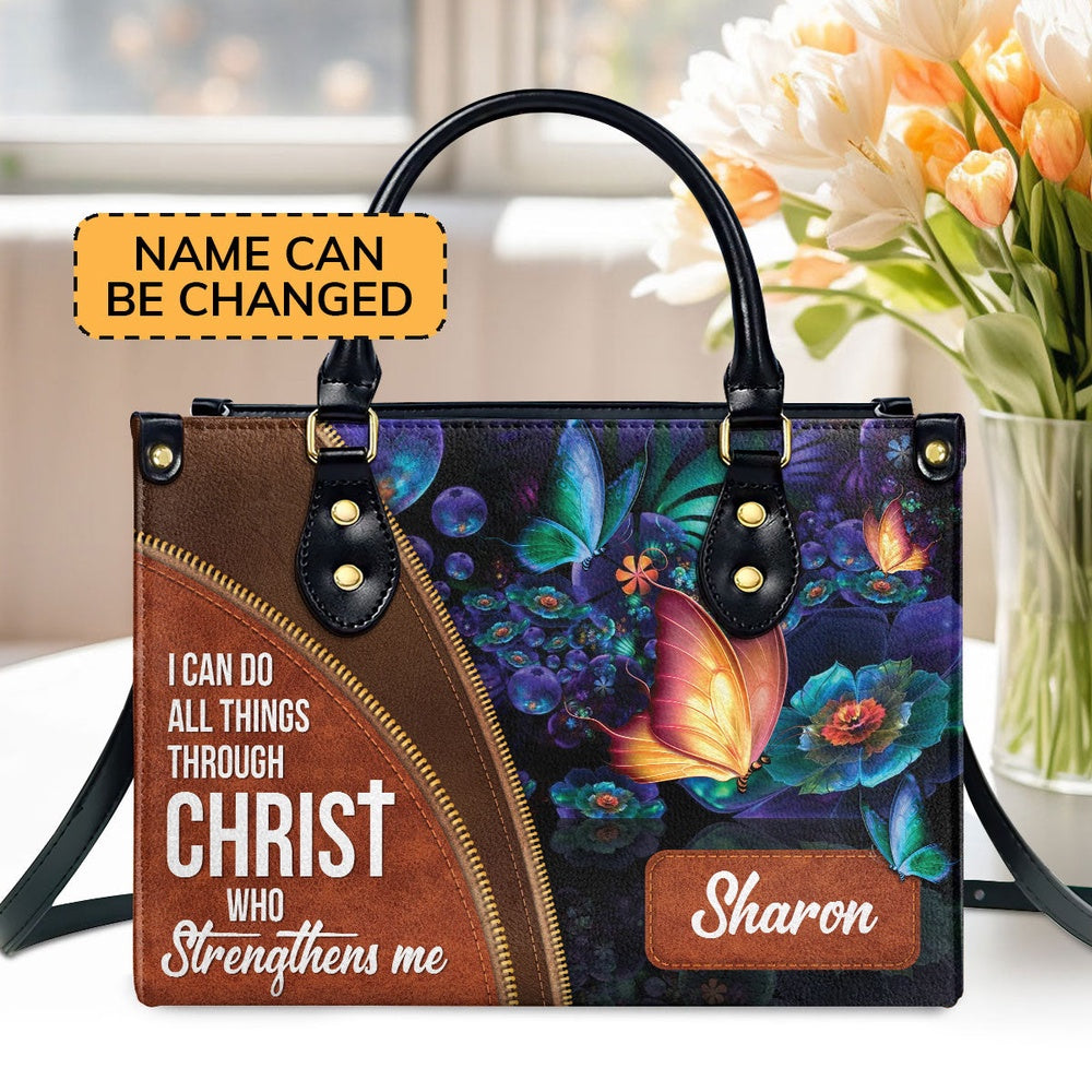 Personalized Christian Leather Bag, Special Personalized Butterfly Leather Handbag - I Can Do All Things Through Christ, Faith Handbag