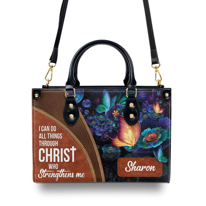 Personalized Christian Leather Bag, Special Personalized Butterfly Leather Handbag - I Can Do All Things Through Christ, Faith Handbag