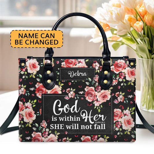 Personalized Christian Leather Bag, Spiritual Gift For Christian Ladies Psalm 465 God Is Within Her, She Will Not Fall Leather Handbag, Faith Handbag
