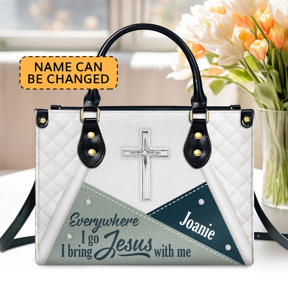 Personalized Christian Leather Bag, Stunning Christian Butterfly Leather Handbag - Everywhere I Go, I Bring Jesus With Me, Faith Handbag
