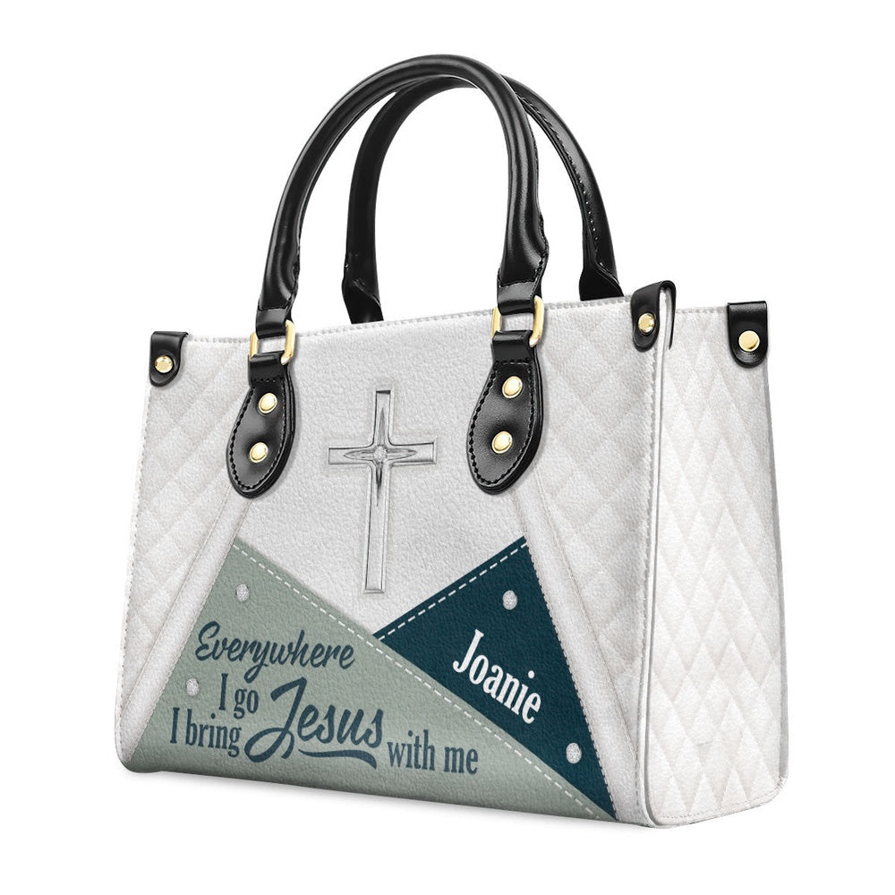 Personalized Christian Leather Bag, Stunning Christian Butterfly Leather Handbag - Everywhere I Go, I Bring Jesus With Me, Faith Handbag