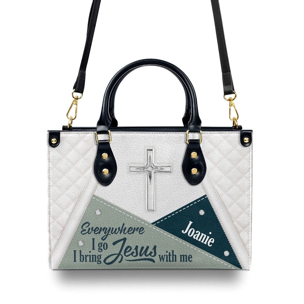 Personalized Christian Leather Bag, Stunning Christian Butterfly Leather Handbag - Everywhere I Go, I Bring Jesus With Me, Faith Handbag