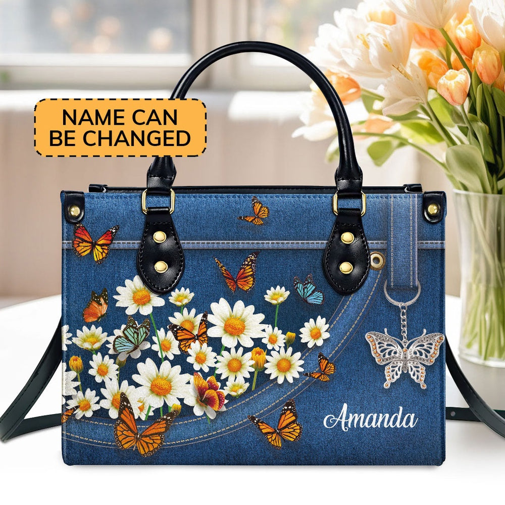 Personalized Christian Leather Bag, Stunning Daisy And Butterfly Leather Handbag, Faith Handbag