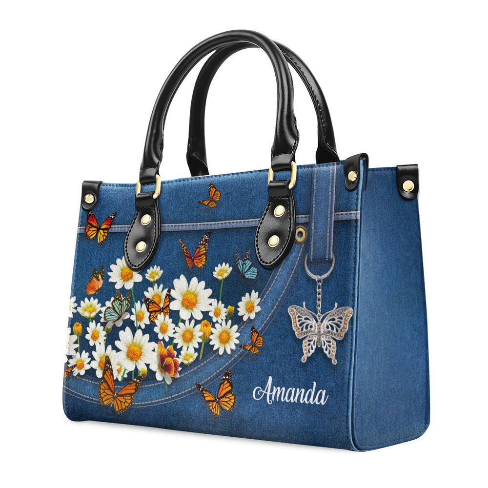 Personalized Christian Leather Bag, Stunning Daisy And Butterfly Leather Handbag, Faith Handbag