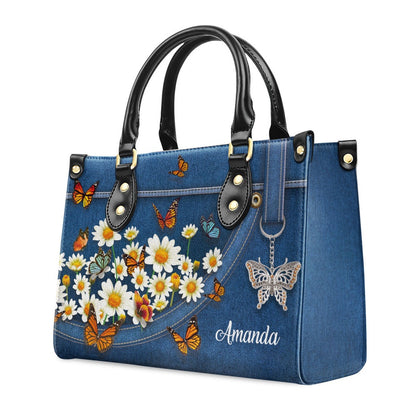 Personalized Christian Leather Bag, Stunning Daisy And Butterfly Leather Handbag, Faith Handbag