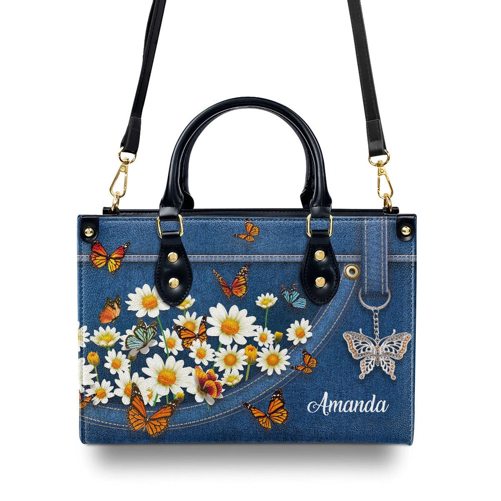 Personalized Christian Leather Bag, Stunning Daisy And Butterfly Leather Handbag, Faith Handbag