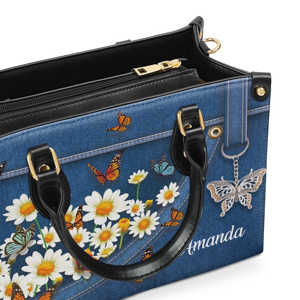Personalized Christian Leather Bag, Stunning Daisy And Butterfly Leather Handbag, Faith Handbag