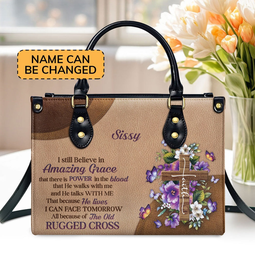 Personalized Christian Leather Bag, Stunning Personalized Floral Cross Leather Handbag - I Still Believe In Amazing Grace, Faith Handbag