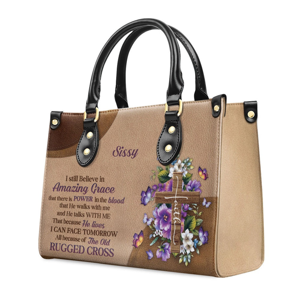 Personalized Christian Leather Bag, Stunning Personalized Floral Cross Leather Handbag - I Still Believe In Amazing Grace, Faith Handbag