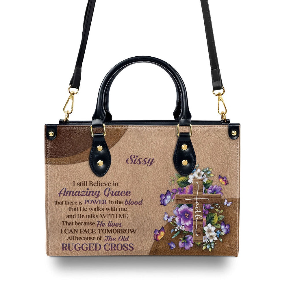 Personalized Christian Leather Bag, Stunning Personalized Floral Cross Leather Handbag - I Still Believe In Amazing Grace, Faith Handbag