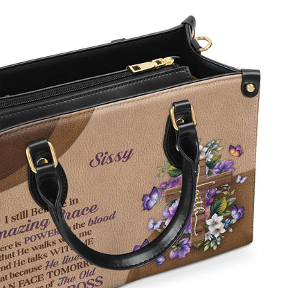 Personalized Christian Leather Bag, Stunning Personalized Floral Cross Leather Handbag - I Still Believe In Amazing Grace, Faith Handbag