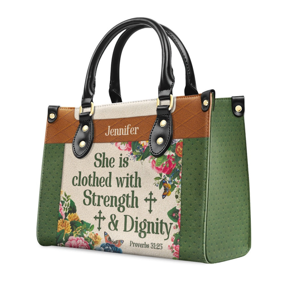 Personalized Christian Leather Bag, Stunning Personalized Flower Leather Handbag - She Is Clothed With Strength And Dignity, Faith Handbag