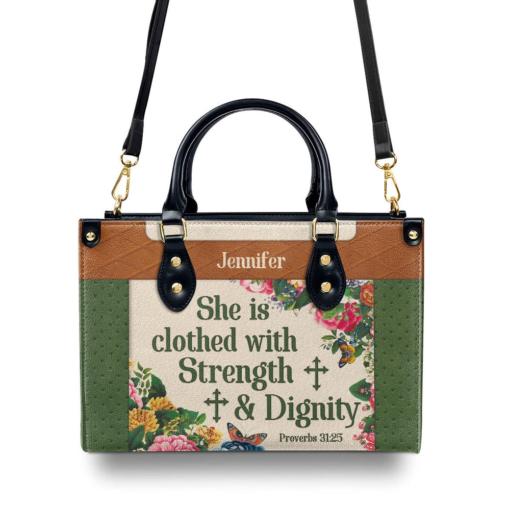 Personalized Christian Leather Bag, Stunning Personalized Flower Leather Handbag - She Is Clothed With Strength And Dignity, Faith Handbag