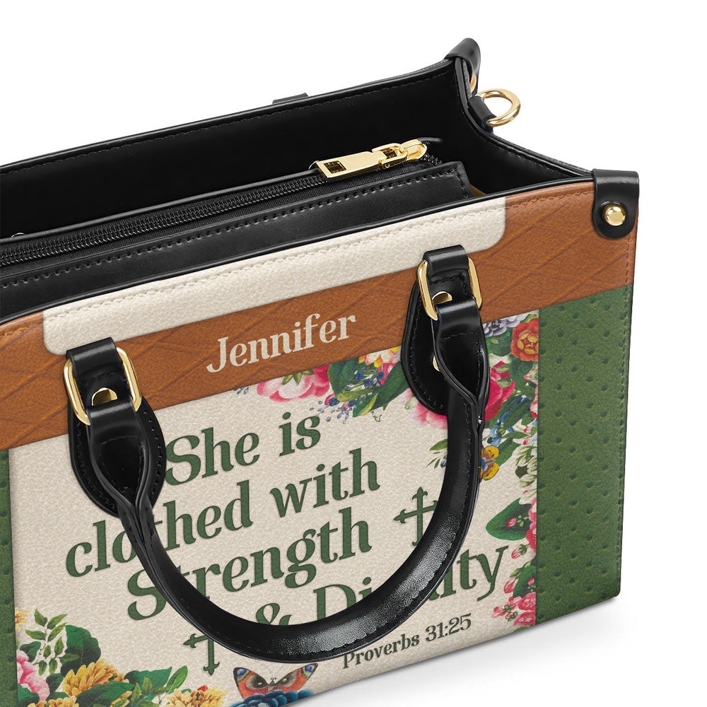 Personalized Christian Leather Bag, Stunning Personalized Flower Leather Handbag - She Is Clothed With Strength And Dignity, Faith Handbag
