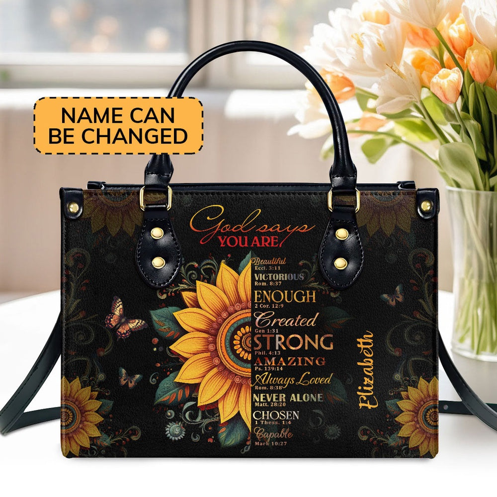Personalized Christian Leather Bag, Sunflower God Says You Are Leather Handbag, Faith Handbag