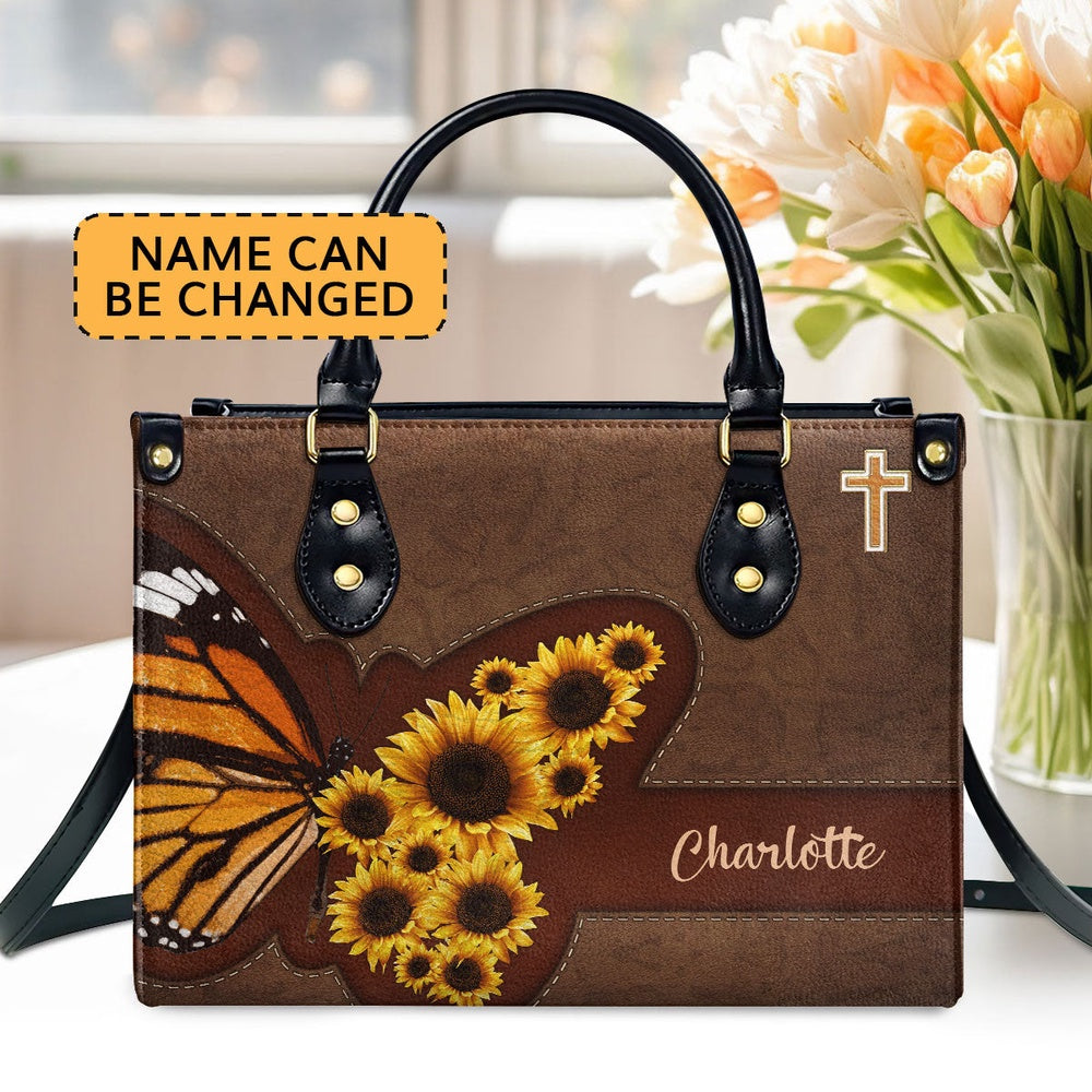 Personalized Christian Leather Bag, Sunflower Leather Handbag, Religious Gifts For Christian Women, Faith Handbag