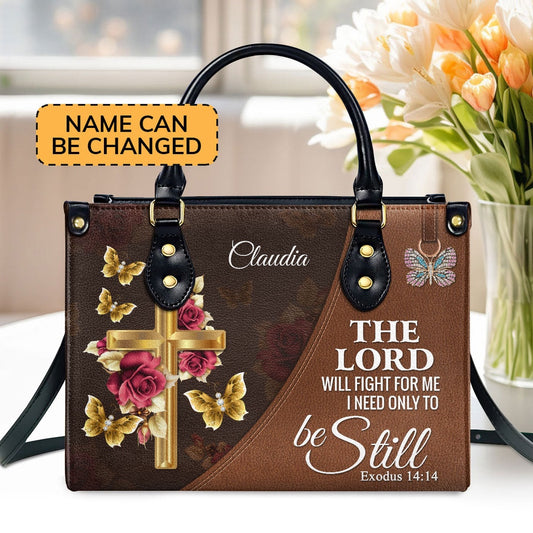 Personalized Christian Leather Bag, The Lord Will Fight For Me - Personalized Floral Cross Leather Handbag, Faith Handbag