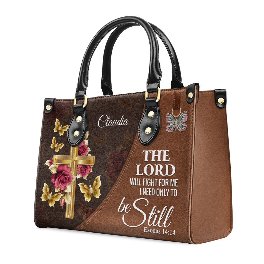Personalized Christian Leather Bag, The Lord Will Fight For Me - Personalized Floral Cross Leather Handbag, Faith Handbag