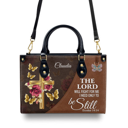 Personalized Christian Leather Bag, The Lord Will Fight For Me - Personalized Floral Cross Leather Handbag, Faith Handbag