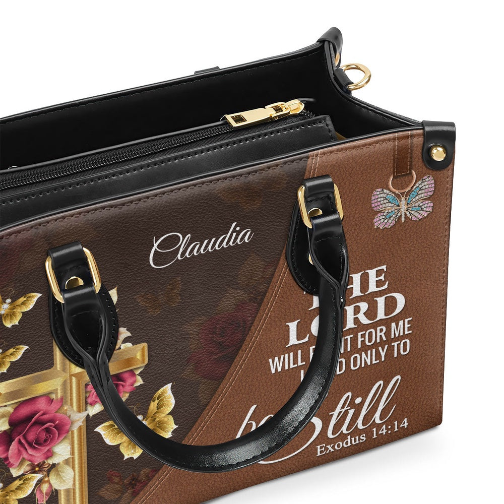 Personalized Christian Leather Bag, The Lord Will Fight For Me - Personalized Floral Cross Leather Handbag, Faith Handbag