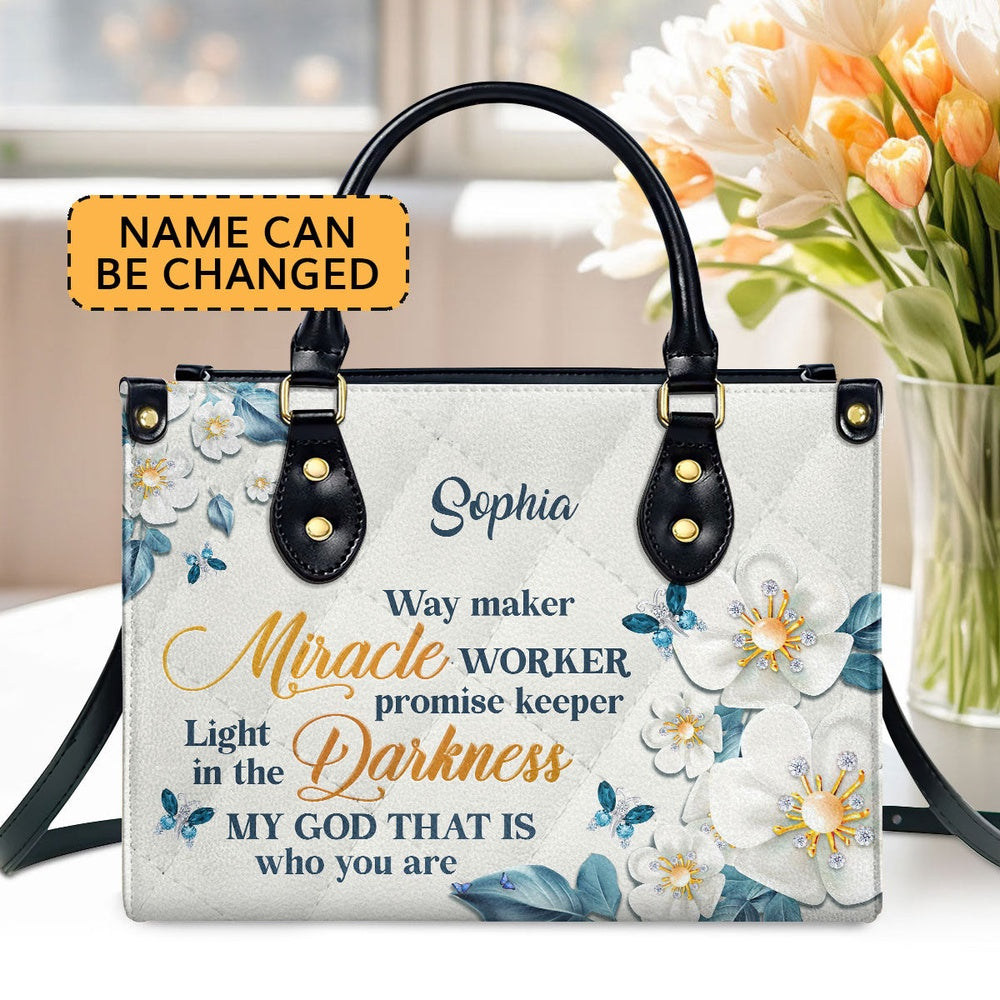 Personalized Christian Leather Bag, Thoughtful Gift For Christians Flower & Butterfly Way Maker And Miracle Worker Leather Handbag, Faith Handbag