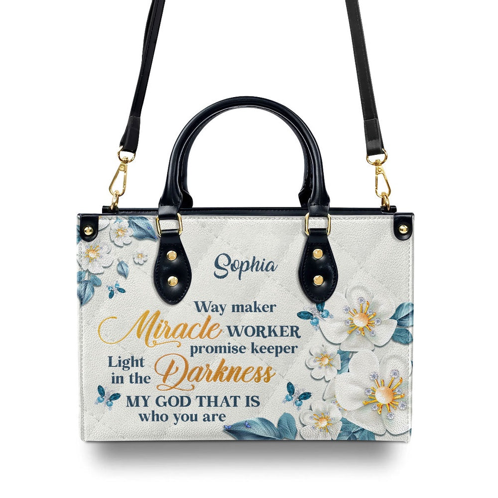 Personalized Christian Leather Bag, Thoughtful Gift For Christians Flower & Butterfly Way Maker And Miracle Worker Leather Handbag, Faith Handbag
