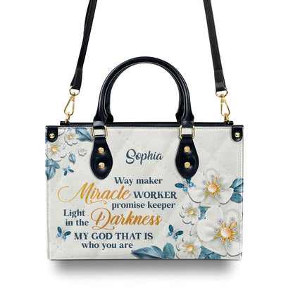 Personalized Christian Leather Bag, Thoughtful Gift For Christians Flower & Butterfly Way Maker And Miracle Worker Leather Handbag, Faith Handbag