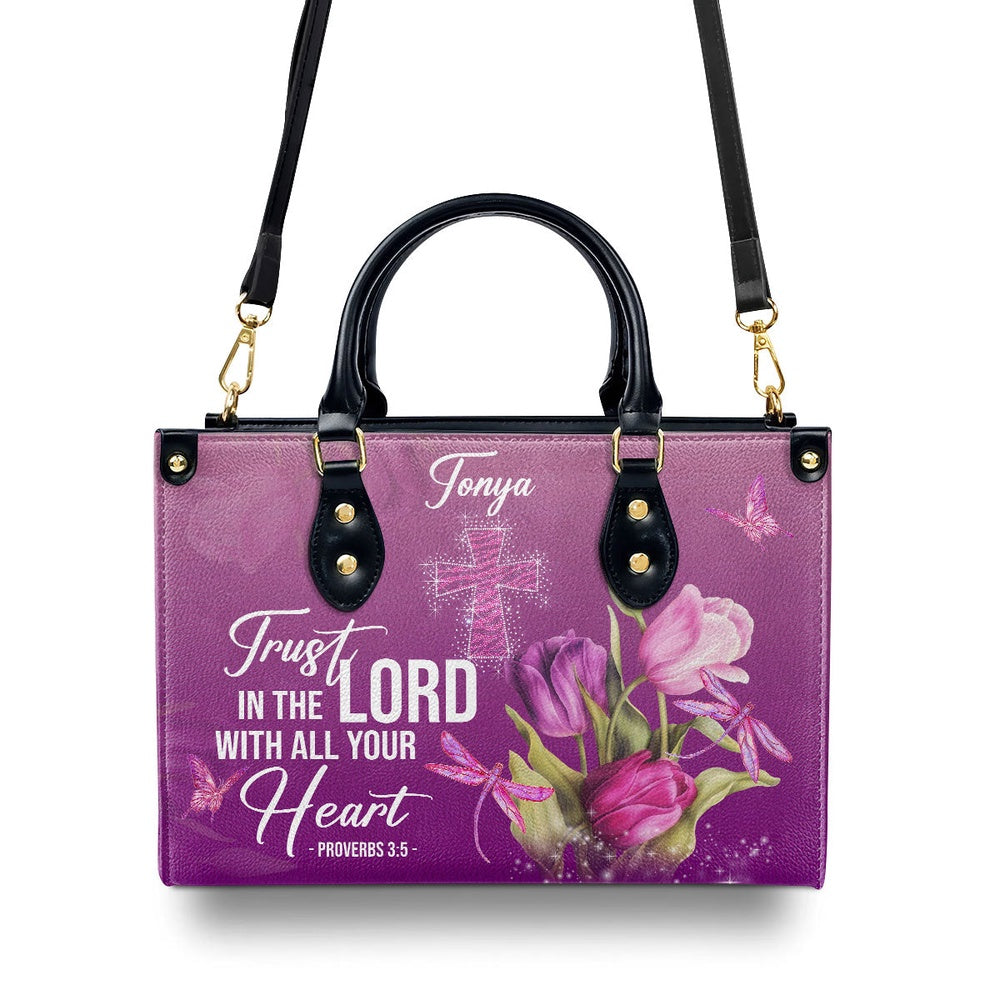 Personalized Christian Leather Bag, Trust In The Lord With All Your Heart Proverbs 35 Tulip And Cross Leather Handbag, Faith Handbag