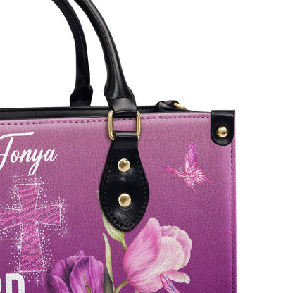 Personalized Christian Leather Bag, Trust In The Lord With All Your Heart Proverbs 35 Tulip And Cross Leather Handbag, Faith Handbag