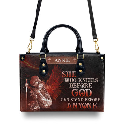 Personalized Christian Leather Bag, Who Kneels Before God Can Stand Before Anyone Leather Handbag, Faith Handbag