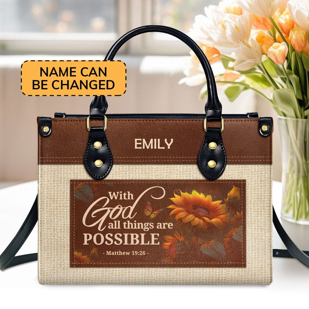 Personalized Christian Leather Bag, With God All Things Are Possible Leather Handbag, Faith Handbag
