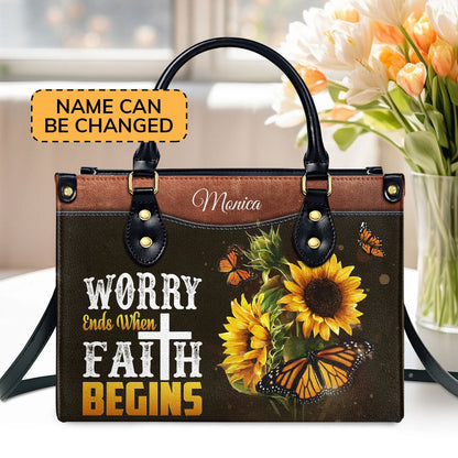 Personalized Christian Leather Bag, Worry Ends When Faith Begins - Lovely Personalized Butterfly Leather Handbag, Faith Handbag