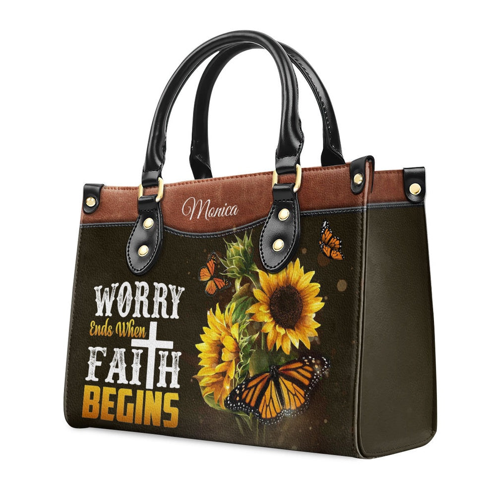Personalized Christian Leather Bag, Worry Ends When Faith Begins - Lovely Personalized Butterfly Leather Handbag, Faith Handbag