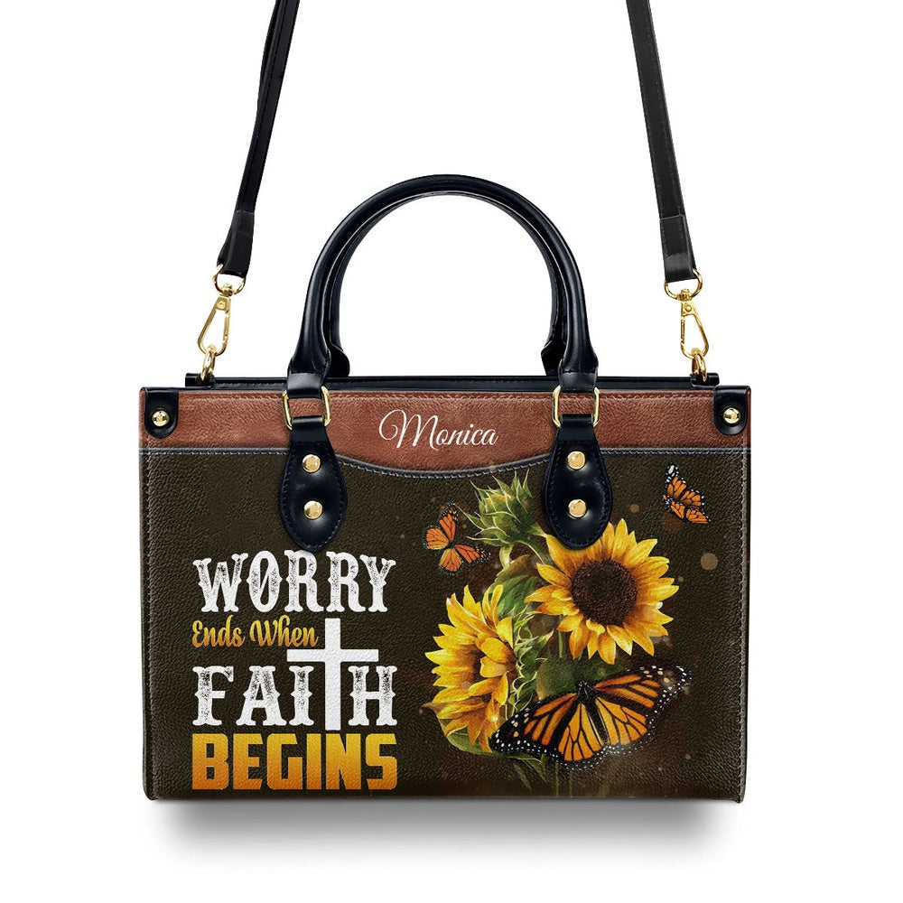 Personalized Christian Leather Bag, Worry Ends When Faith Begins - Lovely Personalized Butterfly Leather Handbag, Faith Handbag