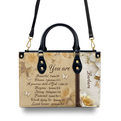 Personalized Christian Leather Bag, You Are Protected - Beautiful Personalized Flower Leather Handbag, Faith Handbag