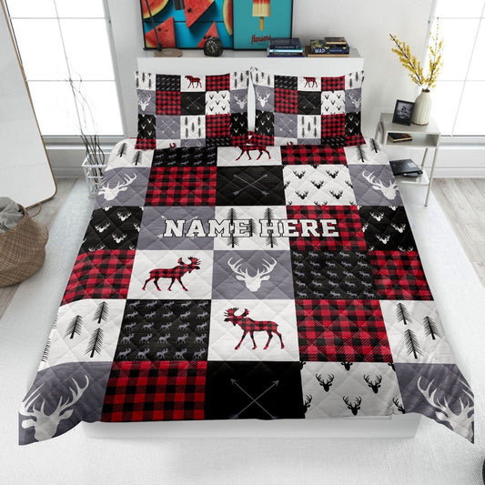 Personalized Christmas Deer Quilt Set, Red Buffalo Plaid Quilt Blanket & Pillowcases, Elk Quilt Bedding Set