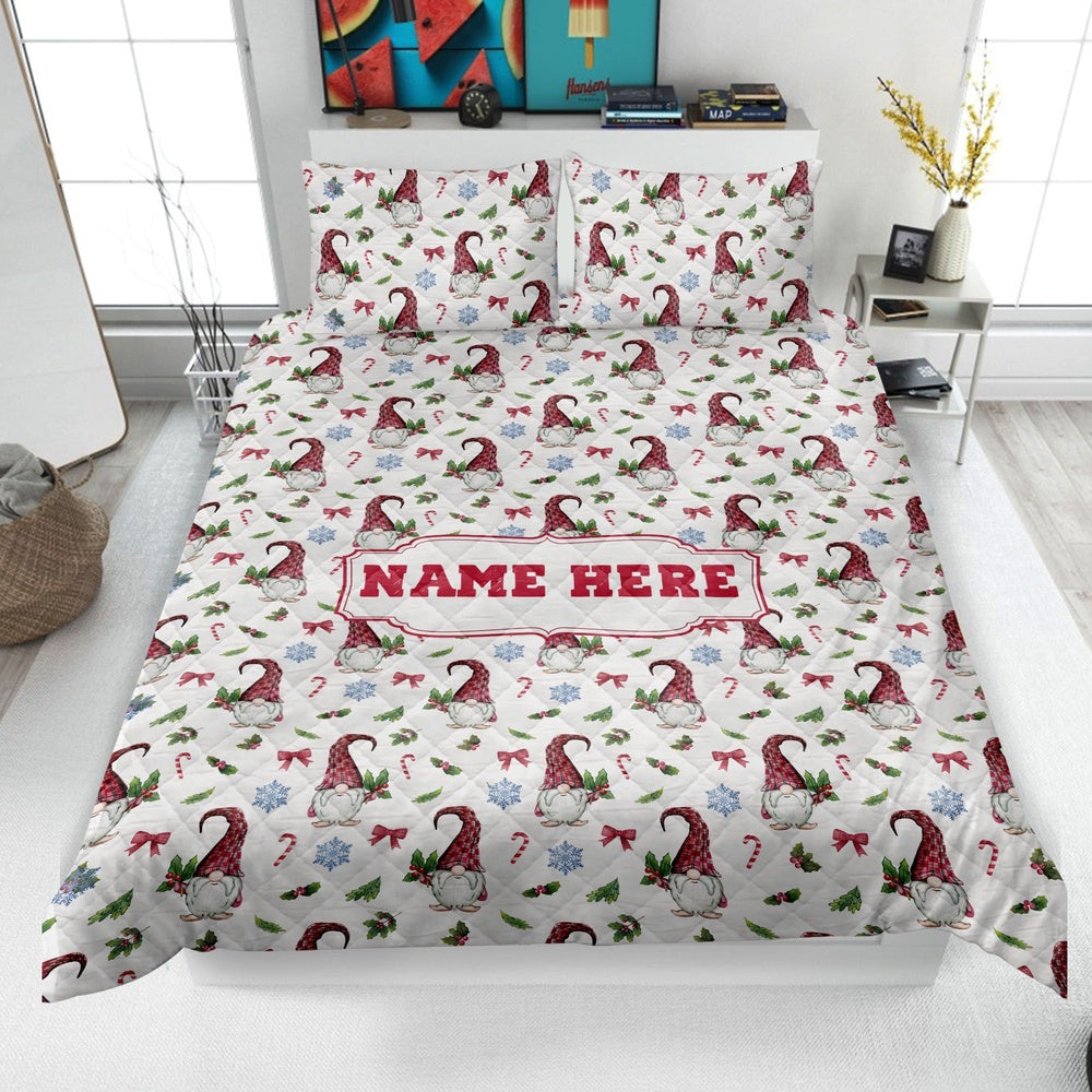 Personalized Christmas Gnome Quilt Set, Xmas Gnomes Pattern Quilt Blanket & Pillowcases
