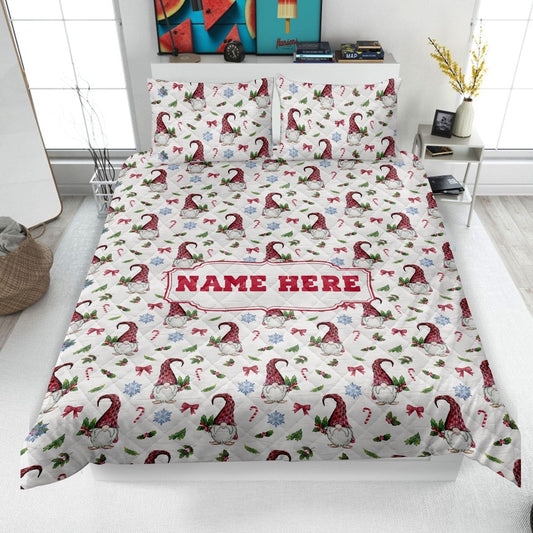 Personalized Christmas Gnome Quilt Set, Xmas Gnomes Pattern Quilt Blanket & Pillowcases
