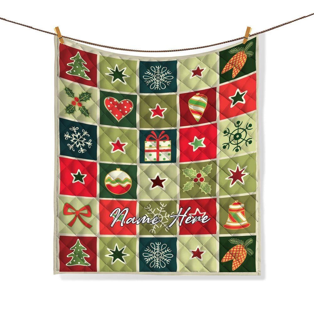 Personalized Christmas Patchwork Quilt Set, Xmas Quilt Blanket & Pillowcases
