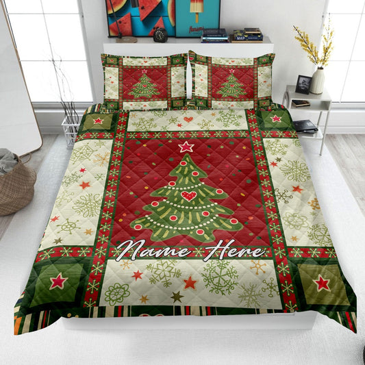 Personalized Christmas Patchwork Quilt Set, Xmas Tree Quilt Blanket & Pillowcases