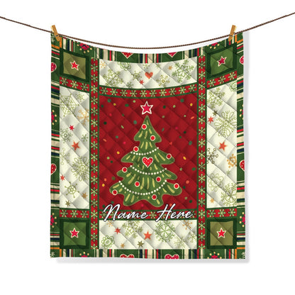 Personalized Christmas Patchwork Quilt Set, Xmas Tree Quilt Blanket & Pillowcases