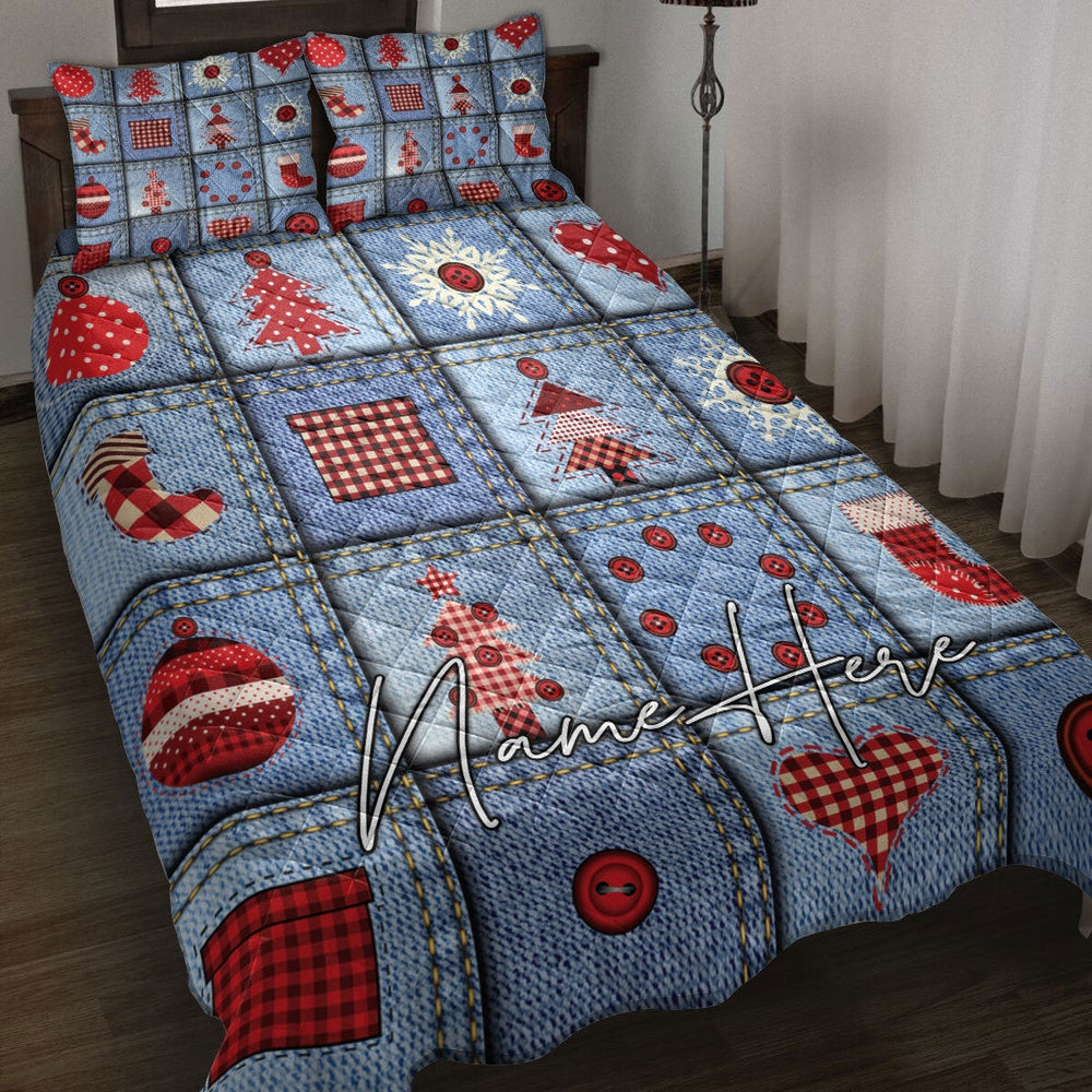 Personalized Christmas Quilt Set, Christmas Jean Patchwork Xmas Holiday Quilt Blanket