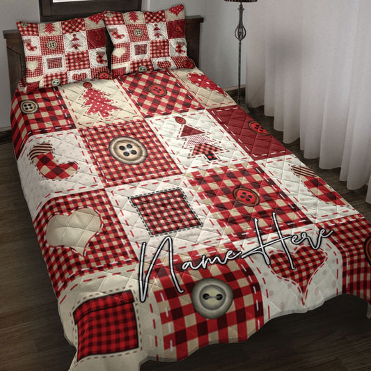 Personalized Christmas Quilt Set, Christmas Patchwork Red Xmas Quilt Blanket