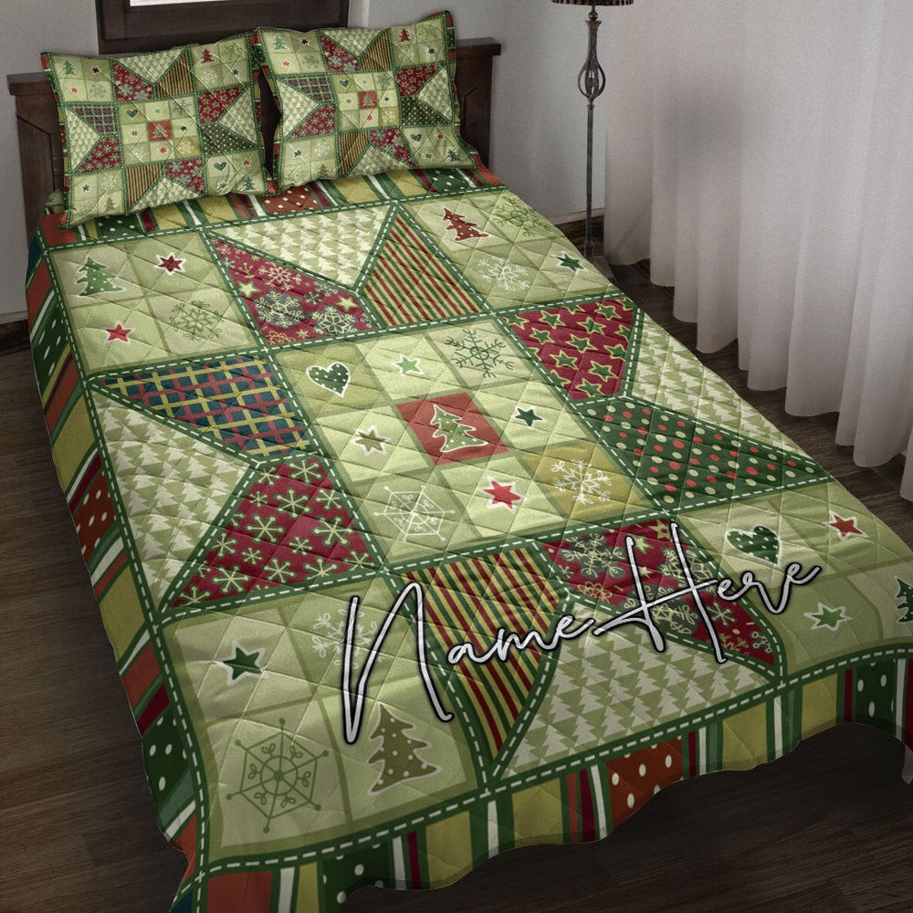 Personalized Christmas Quilt Set, Christmas Patchwork Seamless Xmas Winter Quilt Blanket
