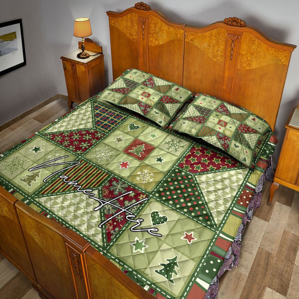Personalized Christmas Quilt Set, Christmas Patchwork Seamless Xmas Winter Quilt Blanket