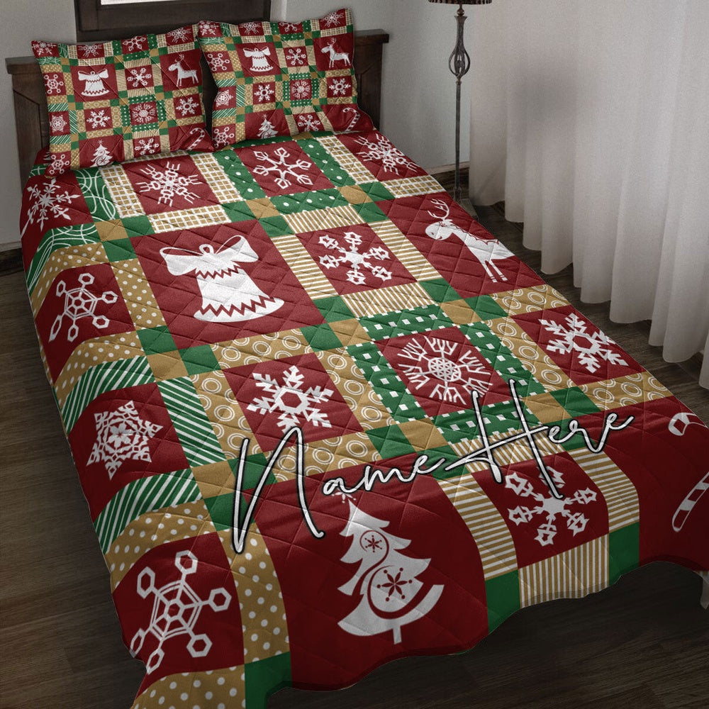 Personalized Christmas Quilt Set, Christmas Patchwork Snowflake Xmas Quilt Blanket