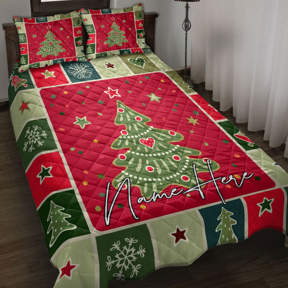 Personalized Christmas Quilt Set, Christmas Patchwork Xmas Tree Winter Quilt Blanket