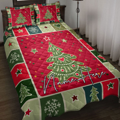 Personalized Christmas Quilt Set, Christmas Patchwork Xmas Tree Winter Quilt Blanket